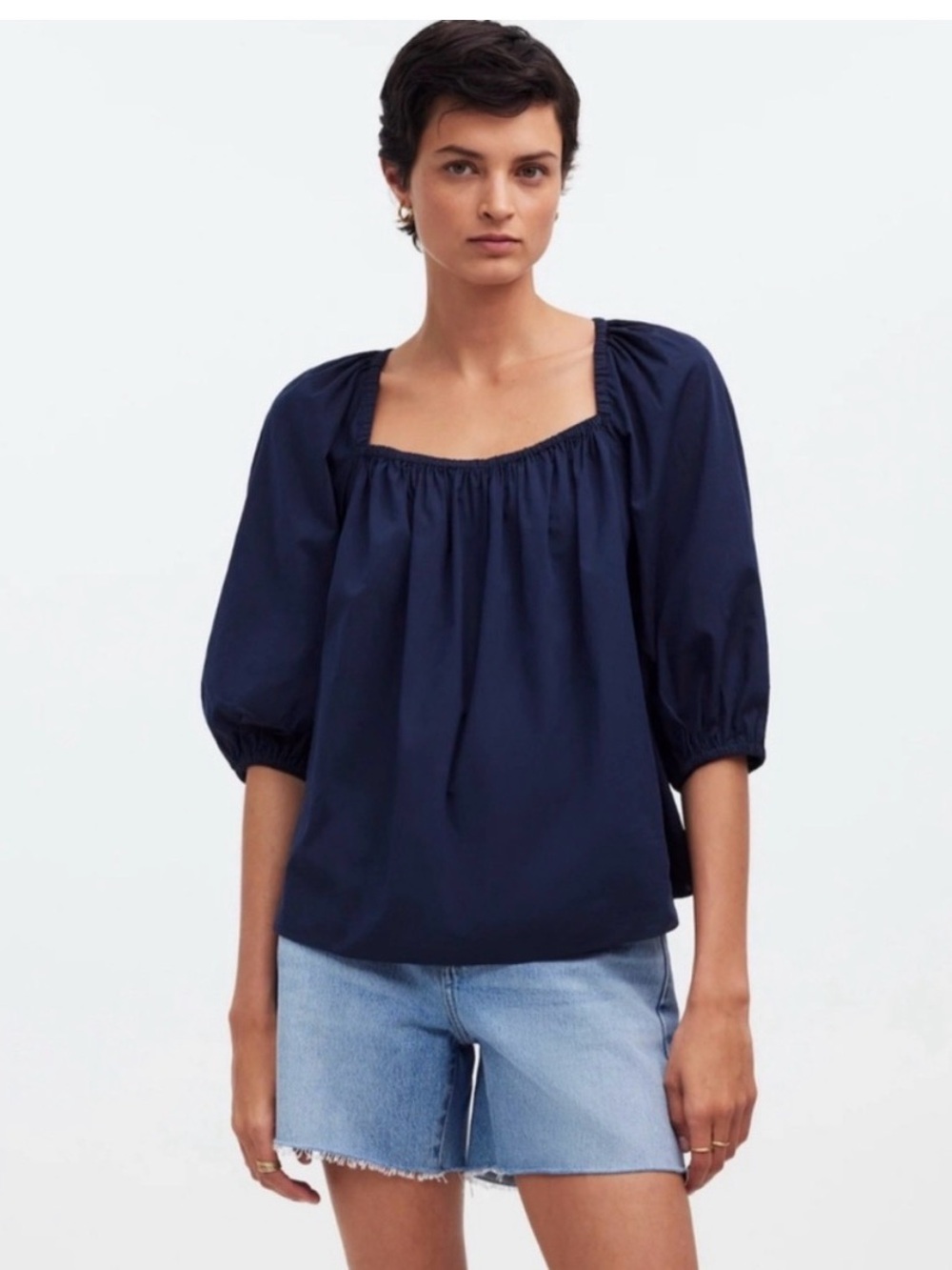 Madewell Navy Blue Puff-Sleeve Babydoll Top Blouse Cotton 4